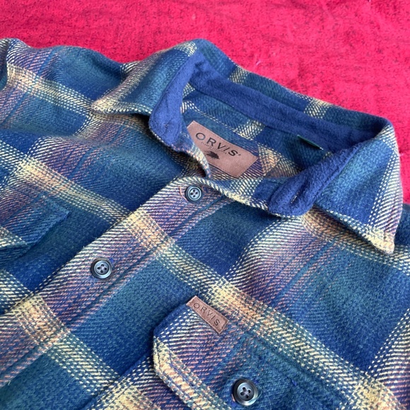 Orvis Men's M‎ Blue Tan Plaid Flannel Shirt Heavyweight Button Outdoor Shacket - Picture 1 of 9